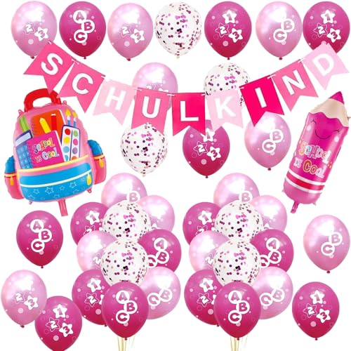 Schulkind Mädchen, Schulanfang Mädchen Deko, Einschulung Mädchen Deko, Pencil Schultüte Folienballons, Rosa SCHULKIND Wimpel Girlande, Schulanfang Konfetti Luftballons Latexballons mit ABC 123 motiv von TOPHOPE