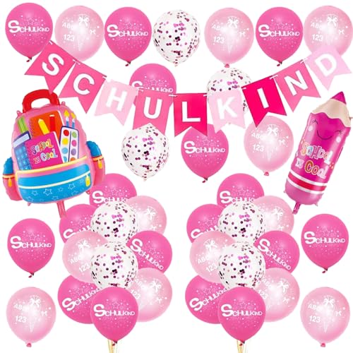 Schulkind Mädchen, Schulanfang Mädchen Deko, Einschulung Mädchen Deko, Pencil Schultüte Folienballons + Rosa SCHULKIND Girlande + Schulanfang Latexballons mit ABC 123 Zuckertüte Schulkind motiv von TOPHOPE