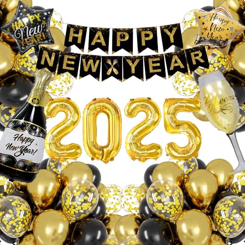 Schwarz Gold Silvester Deko 2025, Neujahr Deko 2025 Luftballons Set mit Happy New Year Deko Girlande, 2025 Folienballon, Weinflasche, Weinglas, Stern Folienballons für 2025 Silvester Neujahr Party von TOPHOPE