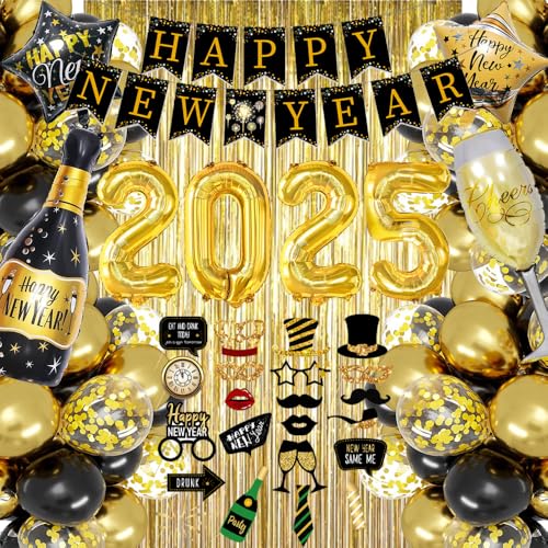 Schwarz Gold Silvester Deko 2025, Neujahr Deko 2025 Luftballons Set mit Happy New Year Girlande, 2025 Folienballon, Fotorequisiten, Regenvorhang, Weinflasche, Stern für 2025 Silvester Neujahr Party von TOPHOPE