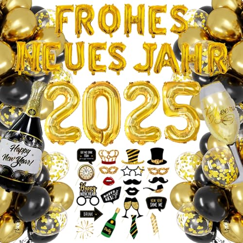 Silvester Deko Set 2025, XXL “FROHES NEUES JAHR” Folienballons, 2025 Zahlen Folienballons, Fotorequisiten, Weinflasche Folienballons für Happy New Year Deko Neujahrs-Party Silvesterparty Dekoration von TOPHOPE