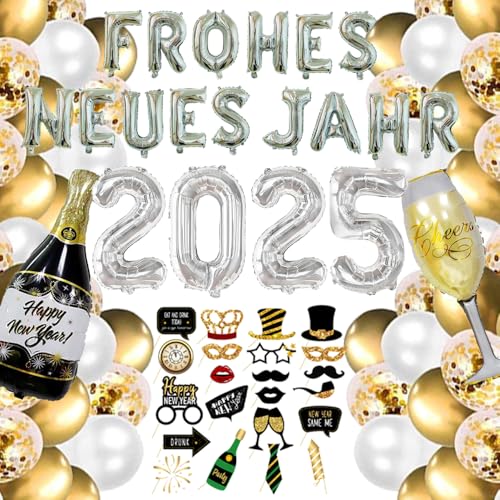 Silvester Deko Set 2025, XXL “FROHES NEUES JAHR” Folienballons, 2025 Zahlen Folienballons, Fotorequisiten, Weinflasche Folienballons für Happy New Year Deko Neujahrs-Party Silvesterparty Dekoration von TOPHOPE