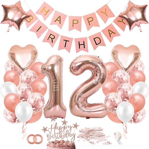 TOPHOPE Luftballon 12. Geburtstag Roségold Folienballon Luftballon Zahlen Geburtstagsdeko Mädchen 12 Jahr Riesen Folienballon Zahl 12 Ballon 12 Deko zum Geburtstag Roségold Happy Birthday von TOPHOPE