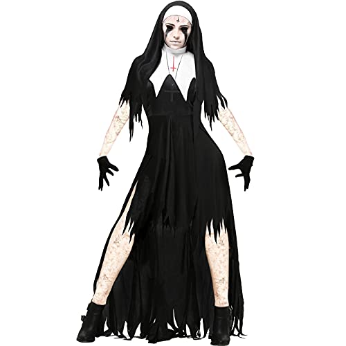 TOPJIAO Halloween Kostüm Damen Horror Halloween Nonne Kostüm Gruselige Kleidung Scary Gothic Kleid Vampirkleid Halloween Hexenkostüm Damen Cosplay Kleid Karneval Ausführen Kostüme Vampir Lange Kleid von TOPJIAO