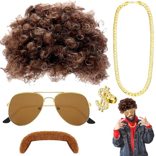 TOPJOWGA 5 Stück Hip Hop Kostüm Set, Hippie Accessoires, Perücke Halskette Ring Brille Schnurrbart, 80er Outfit Herren Kostüm Hiphop, 80er 90er Rapper Zubehör für Fasching & Karneval Cosplay Kostüm von TOPJOWGA