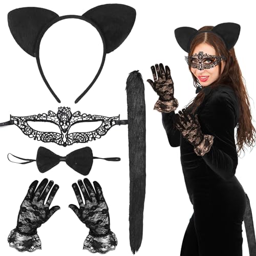 TOPJOWGA 6-teilig Katzenkostüm Damen, Damen Spitze Augenmaske Kit, Katzen Kostüm mit Katzenohren Haarreif Fliege Katzenschwanz Augenmaske Spitzenhandschuhe, Halloween Karneval Kostüm von TOPJOWGA