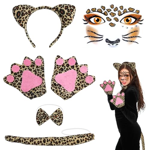 TOPJOWGA 6-teilig Leoparden Kostüm Set, Leoparden Kostüm Damen, Leopard Ohren Schwanz Haarreif Stirnband Handschuhe, Leopard Gesichts Kunst Aufkleber, Tierkostüm Halloween Karneval Verkleidung Party von TOPJOWGA