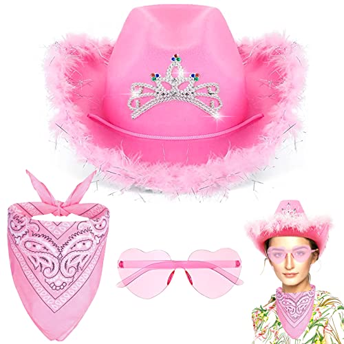 TOPJOWGA Rosa Cowboy Hut, 3 Stück Cowgirl Kostüm Set, Rosa Hut mit Feder, Partybrille, Rosa Bandana, Rosa Cowgirl-Hut, Damen Cowboyhut Filz, Cosplay Party Halloween Karneval Kostüm Zubehör von TOPJOWGA