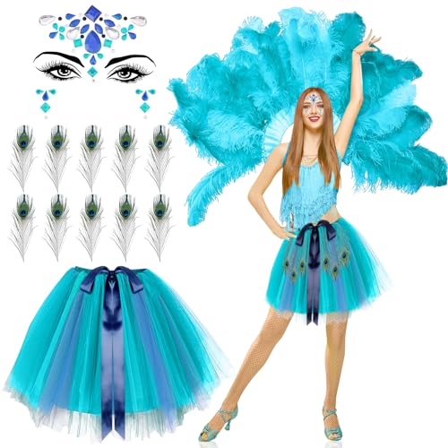 TOPJOWGA Damen Pfau Kostüm, Pfau Tüllrock, 10 Pfauenfedern, Gesicht Strasssteine, Blau Grün Tutu Rock Pfau Kostüm Halloween Karneval Mottoparty Cosplay, Partys Kostüm Zubehör von TOPJOWGA