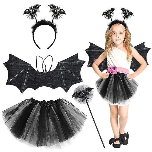 TOPJOWGA Fledermaus Kostüm Kinder, 4-teiliges Feenkostüm Kinder, Feen Kostüm Halloween, Haarreif, Zauberstab, Flügel, Tutu Rock, Mädchen Kostüm Kinder für Karneval Halloween Cosplay von TOPJOWGA