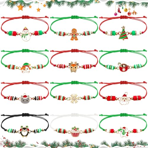 TOPJOWGA 12PCS Freundschaftsarmband Kinder Weihnachten, Einstellbare Geflochten Armbänder, Weihnachten Armband Mädchen, Weihnachtsmann Schneeflocke Armbänder Mitgebsel Kindergeburtstag Gastgeschenke von TOPJOWGA