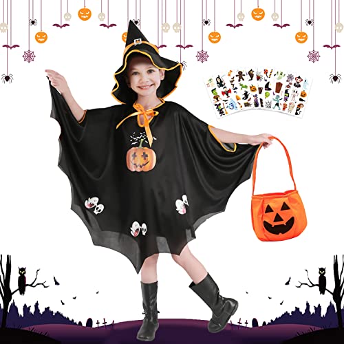 TOPJOWGA Halloween Kostüm Kinder mit 10 Halloween Aufkleber, Halloween Hexe Zauberer Umhang Fledermaus Umhang mit Kürbis Candy Bag, Zauberer Cape, Hexenkostüm Kürbis für Cosplay Karneval von TOPJOWGA