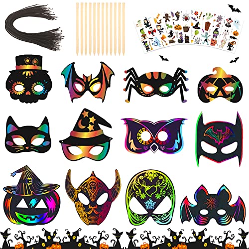 TOPJOWGA Halloween Kratzbilder Masken Kinder Bastel Set, 24 Stück Halloween Scratch Art Masken für Kinder mit 10 Aufkleber, Halloween Kürbis Fledermaus Geist Eule Party Mitgebsel zum Basteln von TOPJOWGA