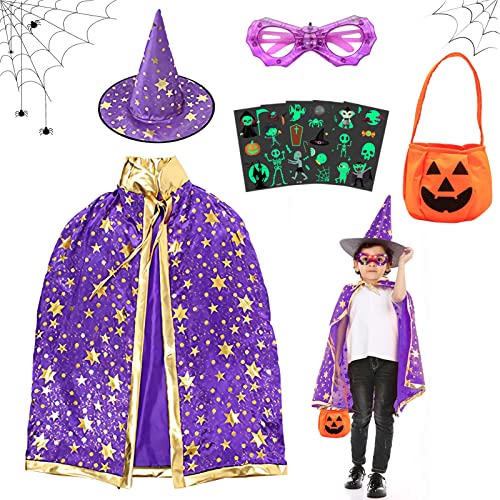 TOPJOWGA Kinder Halloween Kostüm mit 5 Halloween Leuchtende Tattoo, Hexe Zauberer Umhang mit Hut für Kinder, Kürbis Candy Bag, Halloween LED Brillen Spinne, Halloween Hexe Umhang für Cosplay Karneval von TOPJOWGA