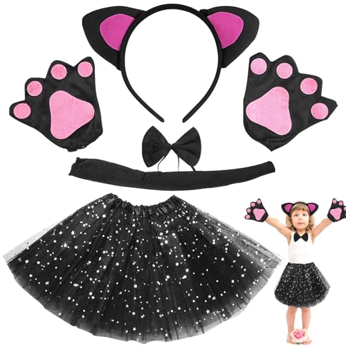 TOPJOWGA Kostüm Katze Mädchen, Kostüm Katze Kinder, Katzen-Cosplay-Set für Mädchen, Katzen Kostüm mit Tutu Rock Fliege Katzenohren Haarreif Stirnband, Karneval Verkleidung Party von TOPJOWGA