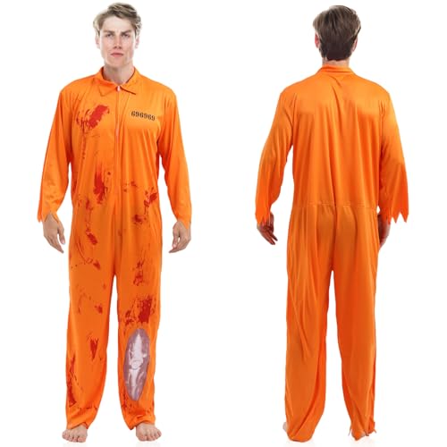 TOPJOWGA Orangenes Häftling Kostüm für Herren Damen, Oranger Gefängnisoverall, Blut Gefangener Kostüm, Insasse Gefängniskostüm, Sträfling Orange Overall, Insasse Kostüm Karneval Halloween von TOPJOWGA