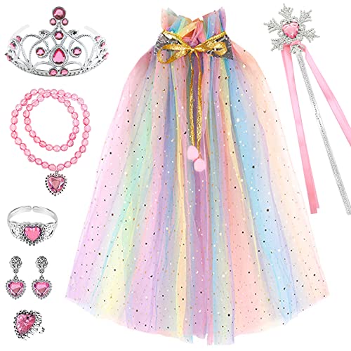 TOPJOWGA Prinzessin Umhang Kinder, Prinzessin Kleid Mädchen, Prinzessin Kostüm Umhang, Prinzessin Zubehör mit Krone Zauberstab Armband Ring Ohrringe Halskette, Prinzessin Kostüm für Halloween Karneval von TOPJOWGA