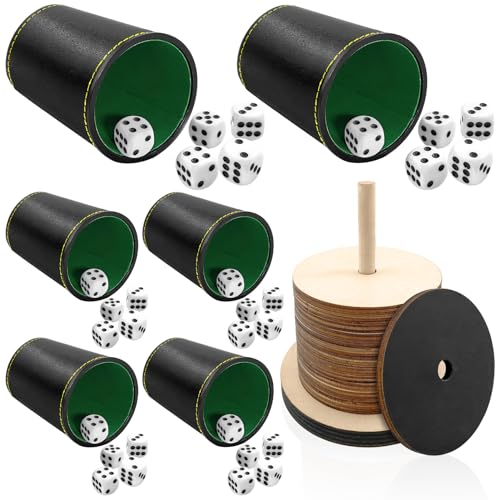 TOPJOWGA Schocken Set, Schockbesteck Schocken Spiel Set, Komplett mit Schockbesteck, 6 Würfelbecher Leder und 30 Würfeln, Schocken Würfelspiel Set, Ständer Schockbesteck Holz für Spiel von TOPJOWGA