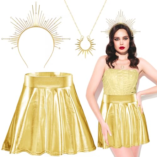 TOPJOWGA Sonnengöttin Kostüm, Damen Metallic Glitzer Rock, Haarreif Gold Haarschmuck, Sonne Halskette, Damen Göttin Kostüm Halloween Karneval Mottoparty Cosplay, Partys Kostüm Zubehör von TOPJOWGA