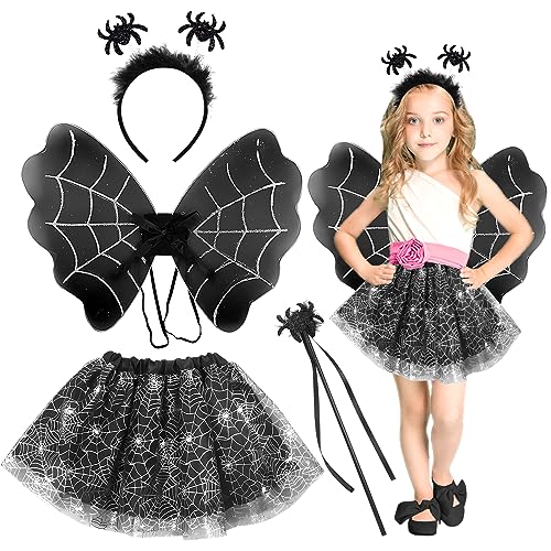 TOPJOWGA Spinne Kostüm Kinder, 4-teiliges Feenkostüm Kinder, Feen Kostüm Halloween, Haarreif, Zauberstab, Flügel, Tutu Rock, Mädchen Kostüm Kinder für Karneval Halloween Cosplay von TOPJOWGA