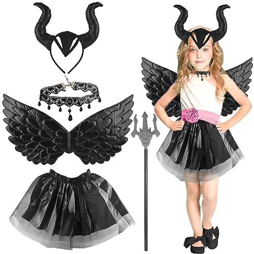 TOPJOWGA Teufel Kostüm Kinder, 5 Stück Königin Hörner Kostüm Set, Königin Hörner Haarreif, Tutu-Rock, Flügel, Halskette, Zauberstab, Königin Hörner Kostüm Kinder für Cosplay Karneval Halloween von TOPJOWGA