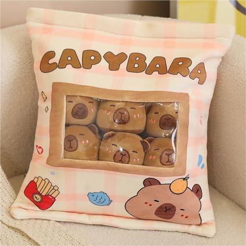 TOPLITHE Capybara Kuscheltier Plüschkissen, Karierter Kissen mit Taschen Design und 6 Niedlichen Mini Capybaras for Kindergeburtstagsgeschenke(Brown) von TOPLITHE