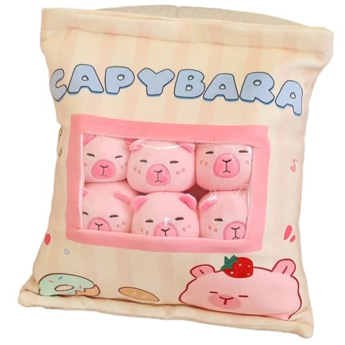 TOPLITHE Capybara Kuscheltier Plüschkissen, Karierter Kissen mit Taschen Design und 6 Niedlichen Mini Capybaras for Kindergeburtstagsgeschenke(Pink) von TOPLITHE