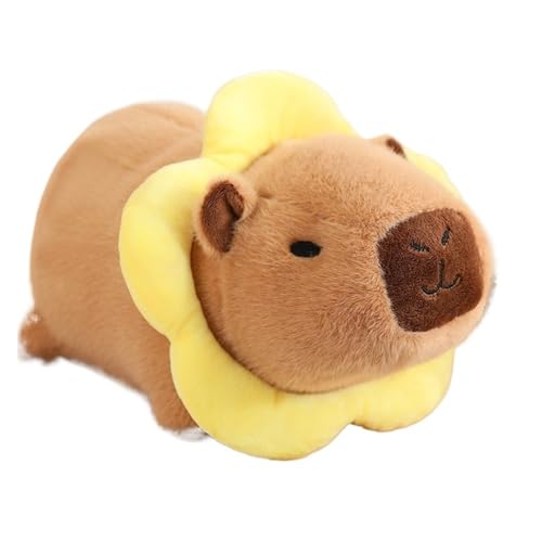 TOPLITHE Süßes Capybara Plüschtier Mit Tragbarer Kopfbedeckung Capybara Kuscheltier Stofftier Plush Spielzeug Geschenk for Kinder(Yellow Flower) von TOPLITHE