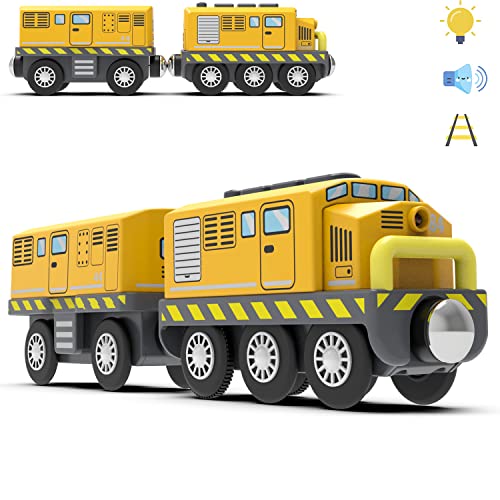 TOPLIVING Batteriebetriebenes Zugset für Holzeisenbahnschienen, leistungsstarker Lokomotivzug (magnetische Verbindung) mit Frontscheinwerfern und Sound für Empfohlen ab 3 Jahren, Gelb von TOPLIVING