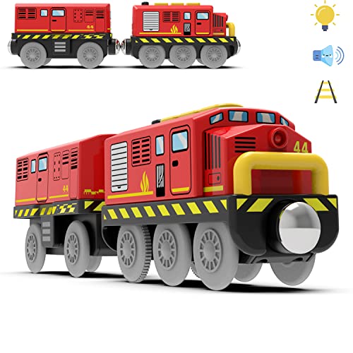 TOPLIVING Batteriebetriebenes Zugset für Holzeisenbahnschienen, leistungsstarker Lokomotivzug (magnetische Verbindung) mit Frontscheinwerfern und Sound für Empfohlen ab 3 Jahren, Rot von TOPLIVING