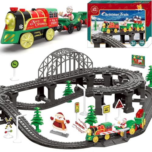 Weihnachtszug-Set für Kleinkinder, Elektrisches Zugspielzeug für Holzschienen, Batteriebetriebener Spielzeugzug mit Musik & Beleuchtung, Motorisierter Zug kompatibel mit Brio, Thomas & Seine Freunde von TOPLIVING