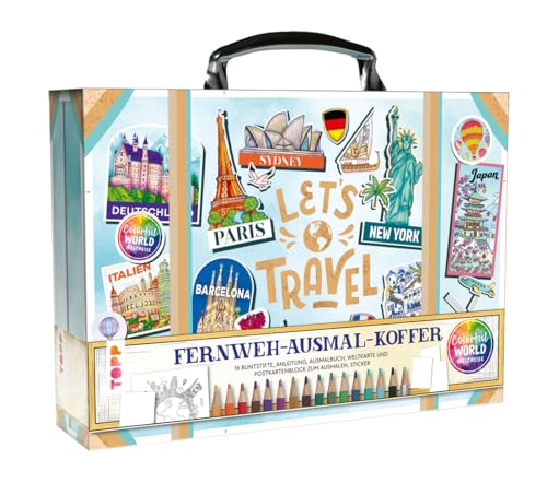 TOPP Colorful World Weltreise - Fernweh-Ausmal-Koffer. Koffer mit Ausmalbuch, Postkartenblock und großer Karte zum Ausmalen, kleinem Anleitungsbuch und 16 Buntstiften mit weichen Minen TOPP Colorful World Weltreise - Fernweh-Ausmal-Koffer. Koffer mit Ausmalbuch, Postkartenblock und großer Karte zum Ausmalen, kleinem Anleitungsbuch und 16 Buntstiften mit weichen Minen von TOPP