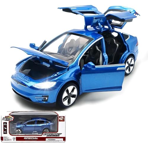 TOPRON Modellauto Tesla Model X 1:32 Maßstab,Druckguss-Legierung Elektronisches Spielzeug mit Rückziehfunktion, mit Lichtern und Musik, Mini-Fahrzeugspielzeug als Geschenk für Kinder(Blau) von TOPRON