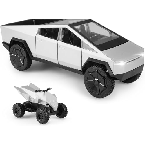 TOPRON Tesla Cybertruck-Modellauto: 1:24 Spielzeug-Trucks aus Druckgussmetall mit Licht und Ton, Mini-Fahrzeugspielzeug für Jungen ab 3 Jahren(Silber, Ausgestattet mit Strandmotorrad) von TOPRON