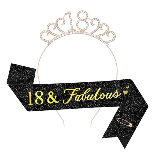 TOPWAYS 18. Geburtstag Mädchen Frauen Deko Schärpe und Tiara Kit, Geburtstag Geschenke Fabulous Sash & Headband Krone Geburtstag für 18 Geburtstag Deko Mädchen Frauen (18 Fabulous, Gold Schwarz) von TOPWAYS