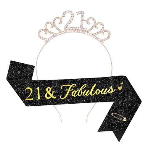 TOPWAYS 18. Geburtstag Mädchen Frauen Deko Schärpe und Tiara Kit, Geburtstag Geschenke Fabulous Sash & Headband Krone Geburtstag für 18 Geburtstag Deko Mädchen Frauen (21 Fabulous, Gold Schwarz) von TOPWAYS