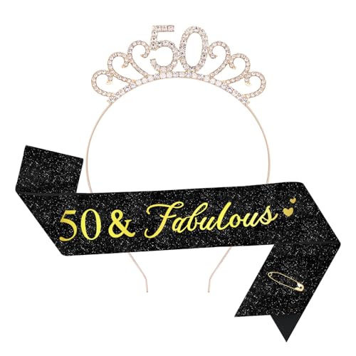 TOPWAYS 18. Geburtstag Mädchen Frauen Deko Schärpe und Tiara Kit, Geburtstag Geschenke Fabulous Sash & Headband Krone Geburtstag für 18 Geburtstag Deko Mädchen Frauen (50 Fabulous, Gold Schwarz) von TOPWAYS