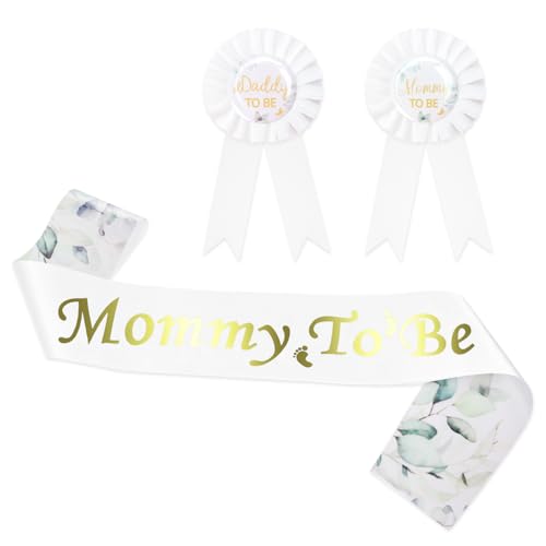 TOPWAYS Babyparty Deko Junge Mädchen Neutral Set, Gender Reveal Party Deko Grün Eukalyptus Mummy to Be Schärpe Daddy to Be Badge für Baby Shower Babyparty Spiele Dekoration von TOPWAYS