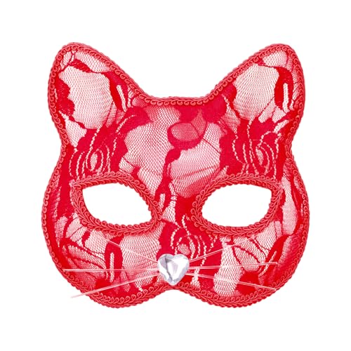 TOPWAYS Katzenmaske, Spitze Fuchs Katze Maske, Venezianische Party Maske, Männer und Frauen Maskerade Masken für Cosplay Karneval Halloween Tanzparty Festival Performance Masken (Rot (Katze)) von TOPWAYS