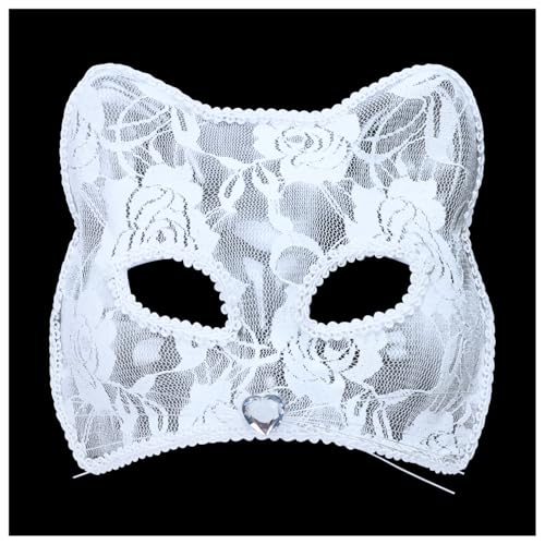 TOPWAYS Katzenmaske, Spitze Fuchs Katze Maske, Venezianische Party Maske, Männer und Frauen Maskerade Masken für Cosplay Karneval Halloween Tanzparty Festival Performance Masken (Weiß (Katze)) von TOPWAYS