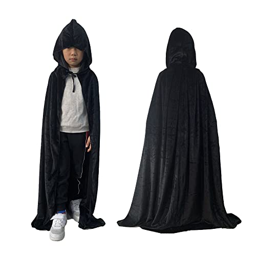 TOPWAYS® Kinder-Umhang aus Samt mit Kapuze für Halloween, Weihnachten, Cosplay, Kostüm, Zubehör, Verkleidung, Umhänge für Weltbuchtag, Alter 4–8 Jahre (110 cm, schwarz von TOPWAYS