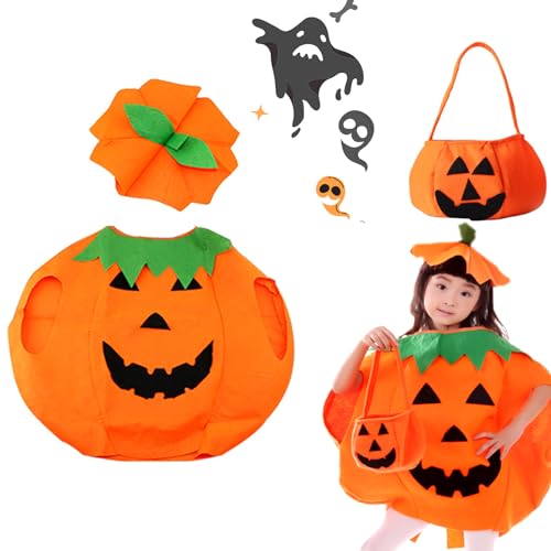 TOPZFL Kinder Kürbis Kostüm,Kürbis Umhang mit Hut Mütze, Halloween Kürbiskostüm mit Pumpkin Candy Bag für Pumpkin Halloween Cosplay Party Kleidung. von TOPZFL