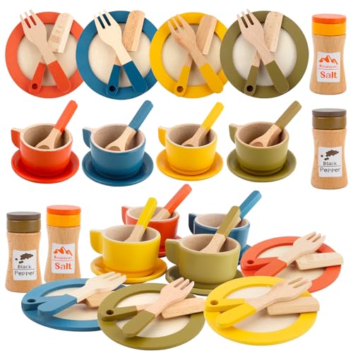 TOSAVGA 26PCS Kinder Holzgeschirr Sets, Kinderküche Zubehör, Spielküche Geschirr für Kinder, Küche Zubehör Kinder, Bildung Küche Rollenspiel Lernspielzeug für Mädchen und Jungen ab 3 Jahren von TOSAVGA