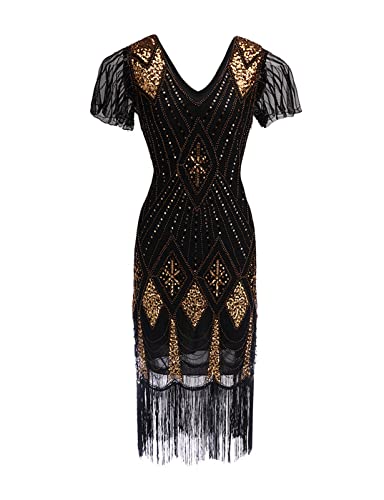 TOSHIKII 1920er Flapper Paillettenkleid mit Fransen 20er Jahre Pailletten Gatsby Kostümkleid Vintage Kostüm für Abendcocktail von TOSHIKII