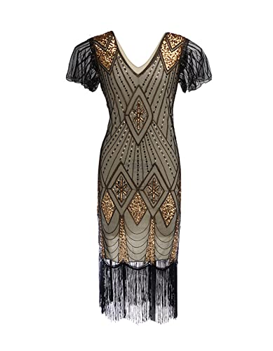 TOSHIKII 1920er Flapper Paillettenkleid mit Fransen 20er Jahre Pailletten Gatsby Kostümkleid Vintage Kostüm für Abendcocktail von TOSHIKII