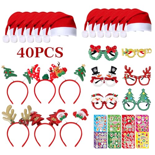 TOSUTO 40 Stück Weihnachts Accessoires,Weihnachts Party Brillen und Weihnachtsmann Mütze Set,Weihnachten Haarschmuck,Weihnachtsassesoires Geeignet für Erwachsene und Weihnachten kinder Weihnachtsfeier von TOSUTO