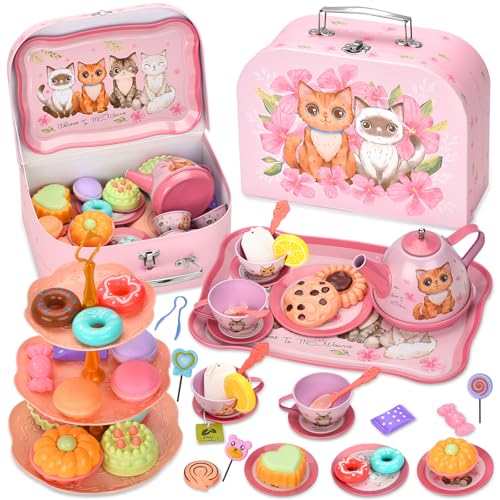 TOSUTO 54Pcs Teeservice Kinder,Teiliges Teeparty Set, Tee Spielzeug Tragekoffer, Prinzessinnen Tee Zeit Spielküchen Spielzeug mit Tassen Tellern und Zubehör für Kinder Mädchen 3 - 8 Jahren Enfants von TOSUTO