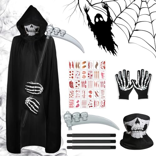 TOSUTO Sensenmann Kostüm,Halloween Kostüm Set,Halloween Kostüm Erwachsene mit Schädelmaske,Handschuhen,Sense,Sensenmann Umhang,Halloween Kostüm Sensenmann für Halloween Party Dekoration,Cosplay von TOSUTO