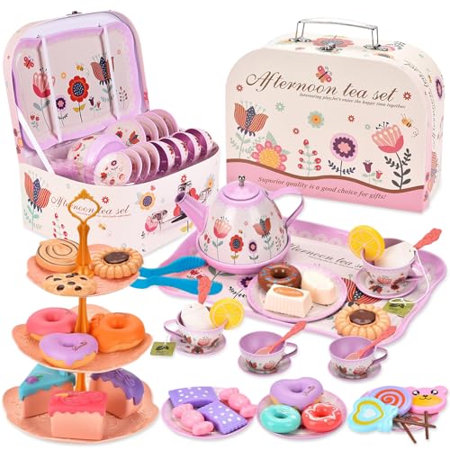 TOSUTO 52Pcs Teeservice Kinder,Kinder teeservice,Tee Set Kinder,kindergeschirr spielküche,puppengeschirr mit Tassen,Tellern und Zubehör,Teiliges Teeparty Set für Kinder Mädchen 3 4 5 6 7 Jahren von TOSUTO