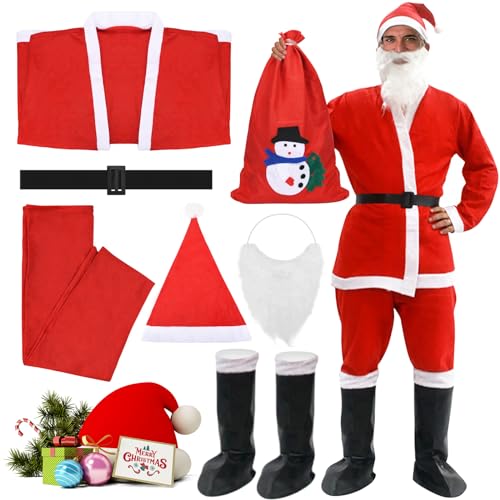 TOSUTO Weihnachtsmann Kostüm,Kostüm Weihnachtsmann,Weihnachtsmann Kostüm Herren Mit Kasack,Hose,Gürtel,Hut,Stiefelüberzieher,Bart und Geschenktüte,für Weihnachten,Karneval,Mottoparty von TOSUTO